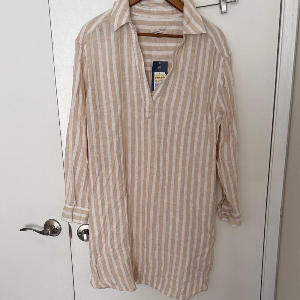Striped Linen Tunic Beach Coverup in Beige and White